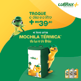 No Lubrax+, trocando o óleo e o filtro do óleo + R$ 39,90, você leva uma mochila térmica da Lu e do Brás. Confira as unidades participantes. Promoção válida de 01/07/24 a 30/09/24. Limite de até 2 mochilas por CPF.