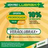 Até 10% de desconto na troca de óleo. Utilize o cupom VERÃOLUBRAX+ e ganhe 10% de desconto para trocas de óleo e filtro, nas unidades Lubrax+. Troque 200 pontos Premmia para ganhar mais 10% de desconto.