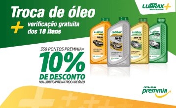 Se você é participante do programa Petrobras Premmia, resgate 350 pontos e ganhe 10% de desconto na troca de óleo e filtro de óleo. Promoção válida de 01/01/2023 até 31/01/2023.