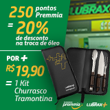 É participante do programa Petrobras Premmia? Resgate 250 pontos, ganhe 20% de desconto na troca do óleo e com + R$ 19,90, leve para casa 1 Kit Churrasco Tramontina, com pegador, faca e garfo trinchante. Promoção válida até 30/11/2021.
